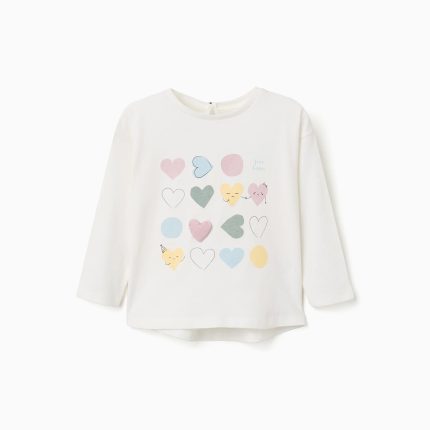 T-shirt à manches longues en coton blanc avec imprimé de cœurs pour bébé fille