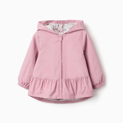 Coupe-vent à capuche avec ourlet volanté et doublure pour bébé fille, rose