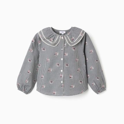Chemise à manches longues en coton bleu foncé pour fille