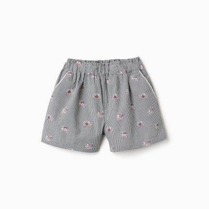 Short en coton vichy à imprimé floral pour filles, blanc/bleu marine