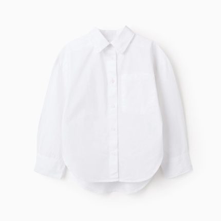 Chemise en popeline à manches longues et épaules tombantes pour filles, blanche