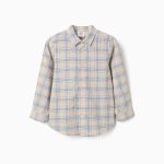 Chemise à carreaux en coton à manches longues pour garçon, beige clair/bleu/marron