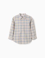 Chemise à carreaux en coton à manches longues pour garçon, beige clair/bleu/marron