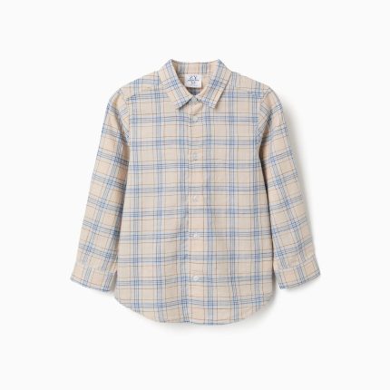 Chemise à carreaux en coton à manches longues pour garçon, beige clair/bleu/marron