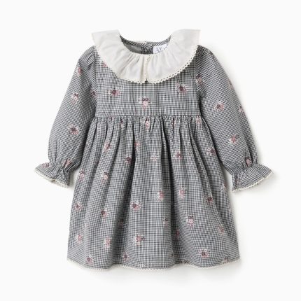 Robe en coton vichy à imprimé floral pour bébé fille, blanc/bleu marine