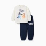 Ensemble de jogging en coton imprimé Bluey pour bébés et enfants, blanc/bleu