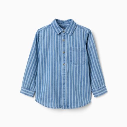 Chemise en jean rayée avec poche pour garçon, bleu et blanc