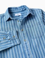 Chemise en jean rayée avec poche pour garçon, bleu et blanc – Image 3