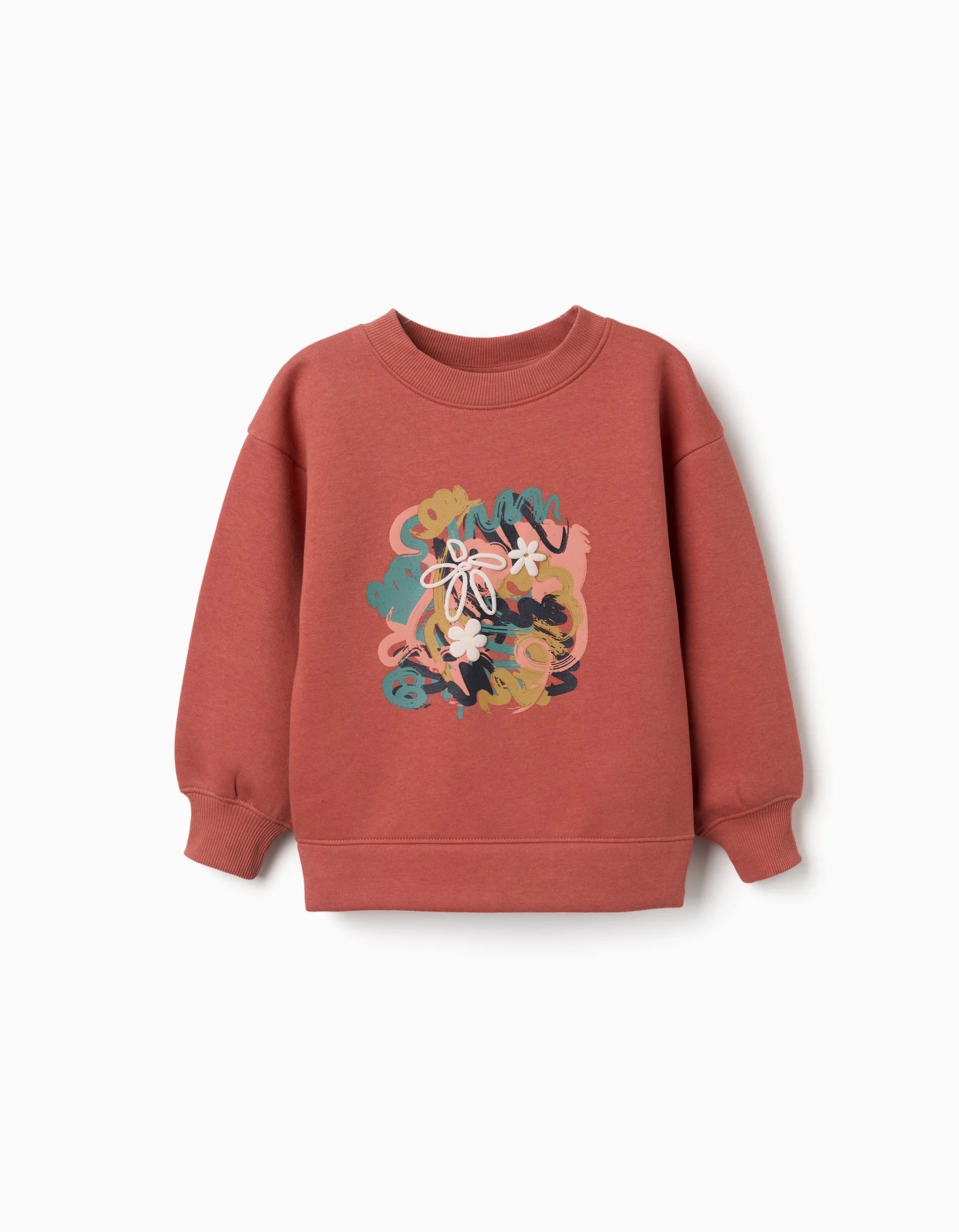 31081728004-0 Sweat-shirt brossé à motif artistique et naturel pour filles, couleur terre cuite – Image 1
