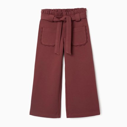 Pantalon Roma en maille à jambes larges avec ceinture pour filles, marron