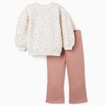 Ensemble de jogging en maille brossée à imprimé floral pour filles, blanc/rose