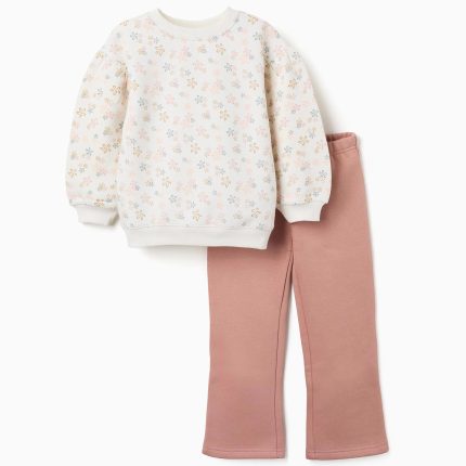 Ensemble de jogging en maille brossée à imprimé floral pour filles, blanc/rose