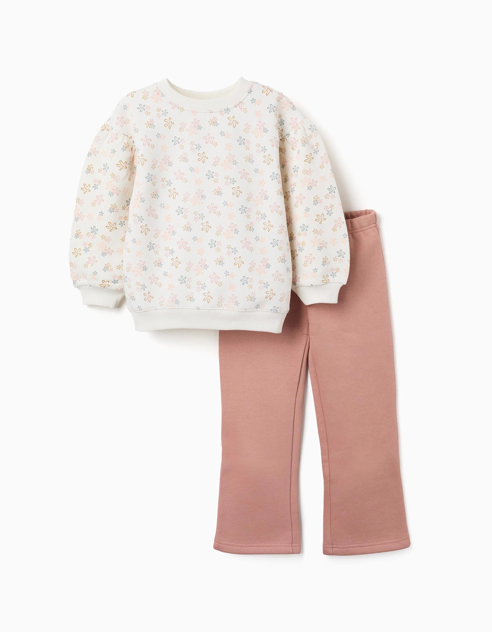 31081740041-1 Ensemble de jogging en maille brossée à imprimé floral pour filles, blanc/rose – Image 1