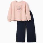 Ensemble de jogging en maille brossée avec imprimé artistique pour filles, rose clair/bleu marine