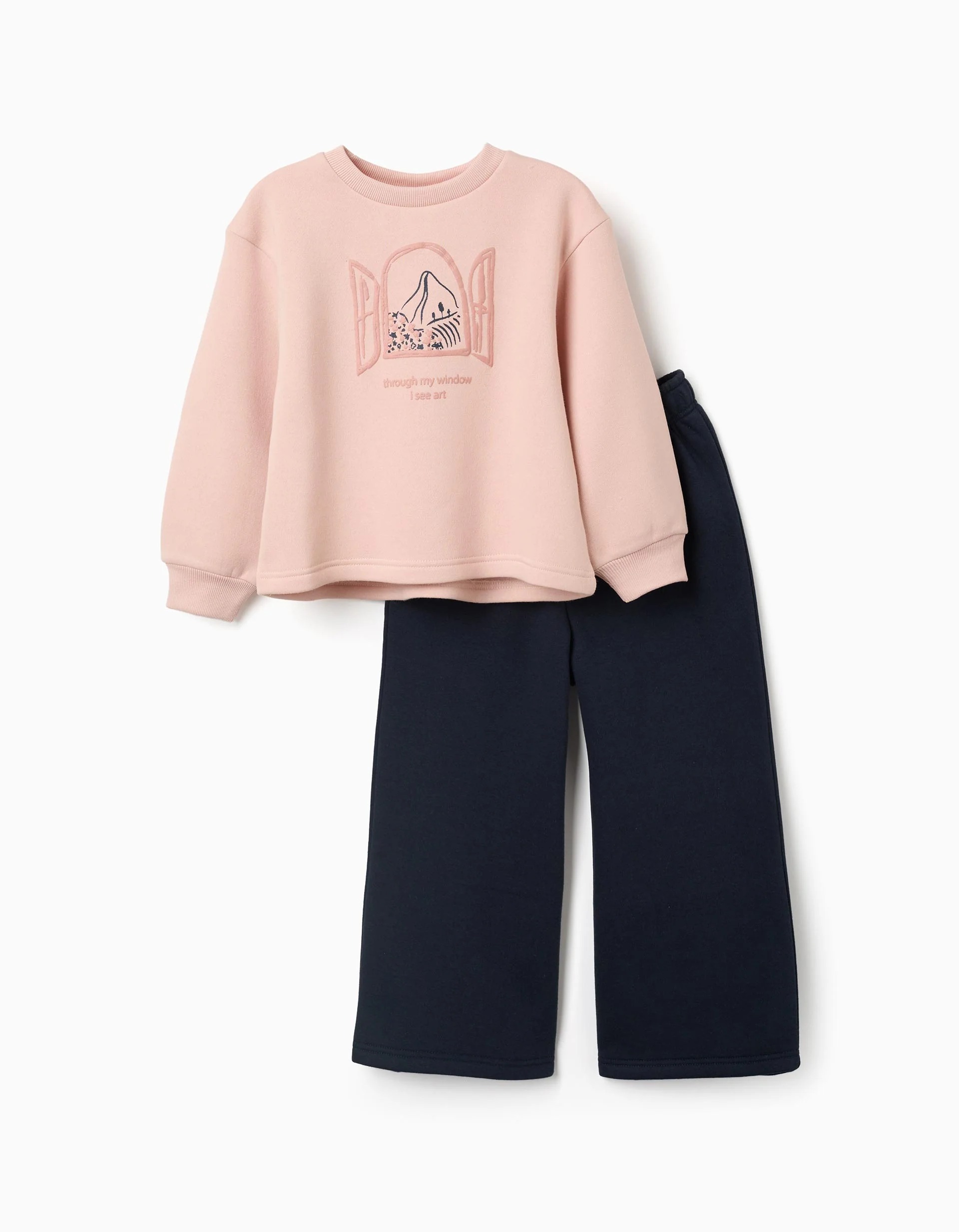 31081986030-0 Ensemble de jogging en maille brossée avec imprimé artistique pour filles, rose clair/bleu marine – Image 1