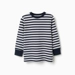 T-shirt à manches longues en coton rayé pour garçon, bleu marine/blanc