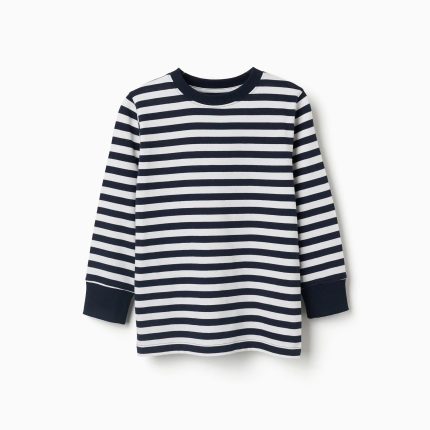 T-shirt à manches longues en coton rayé pour garçon, bleu marine/blanc