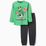 Pyjama en coton à manches longues avec imprimé Minecraft pour garçon, vert/gris