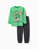 Pyjama en coton à manches longues avec imprimé Minecraft pour garçon, vert/gris