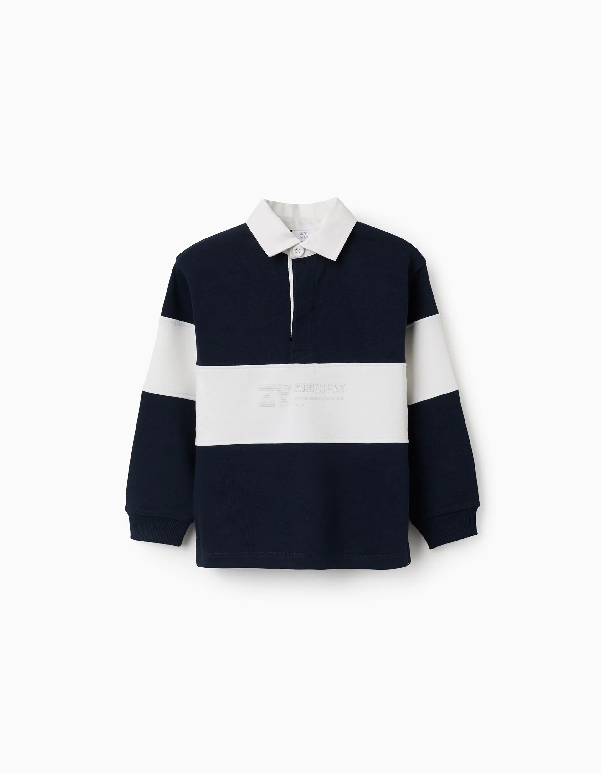 31082070006-0 Sweat-shirt à col polo et empiècements colorés pour garçon, blanc/bleu marine – Image 1