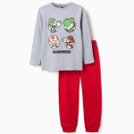 Pyjama en coton à manches longues pour garçon, imprimé Super Mario, gris/rouge