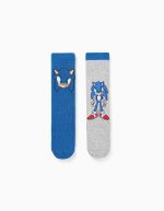 Lot de 2 paires de chaussettes antidérapantes à motifs Sonic pour garçons, bleu/gris