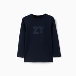 T-shirt à manches longues en coton avec imprimé ZY pour garçon, bleu marine