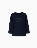 T-shirt à manches longues en coton avec imprimé ZY pour garçon, bleu marine