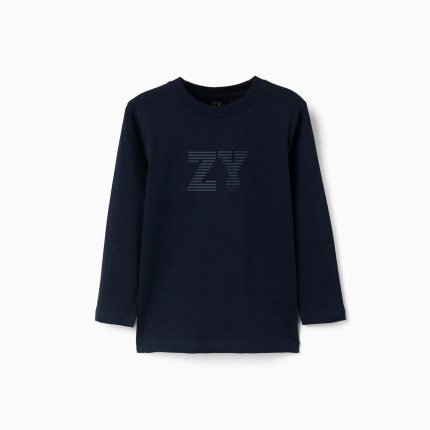 T-shirt à manches longues en coton avec imprimé ZY pour garçon, bleu marine