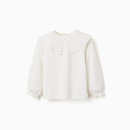 T-shirt en coton blanc à col maxi brodé anglais pour fille