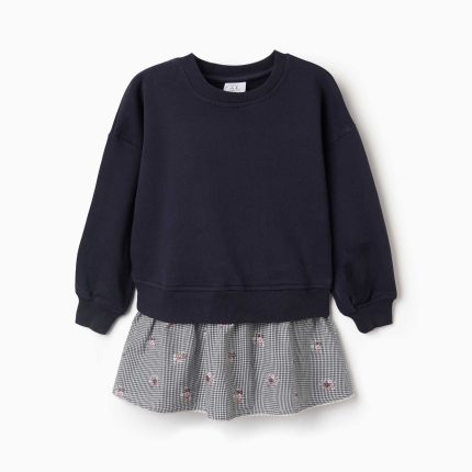 Robe en coton double tissu à motif vichy pour filles, bleu marine