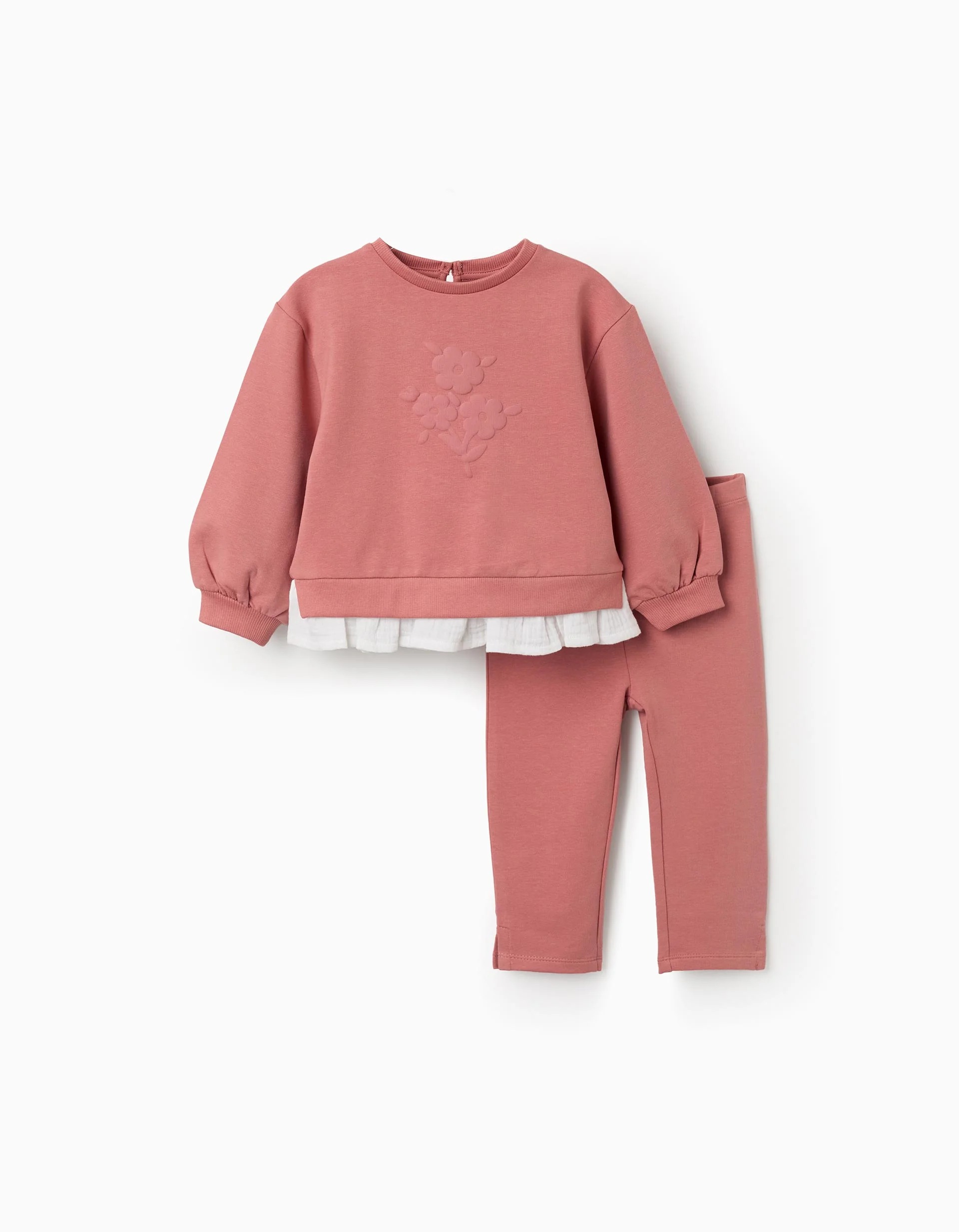 31082246038-1 Ensemble de jogging en coton rose à imprimé floral en relief pour bébé fille – Image 1