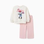Ensemble de jogging en coton imprimé Minnie pour bébés et petites filles, blanc/rose