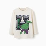 T-shirt à manches longues en coton blanc pour garçon, avec imprimé Hulk en relief.