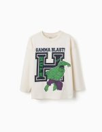 T-shirt à manches longues en coton blanc pour garçon, avec imprimé Hulk en relief.
