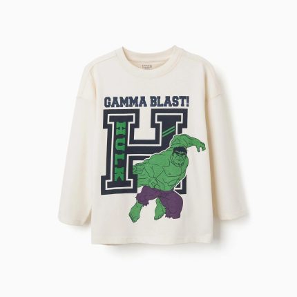 T-shirt à manches longues en coton blanc pour garçon, avec imprimé Hulk en relief.