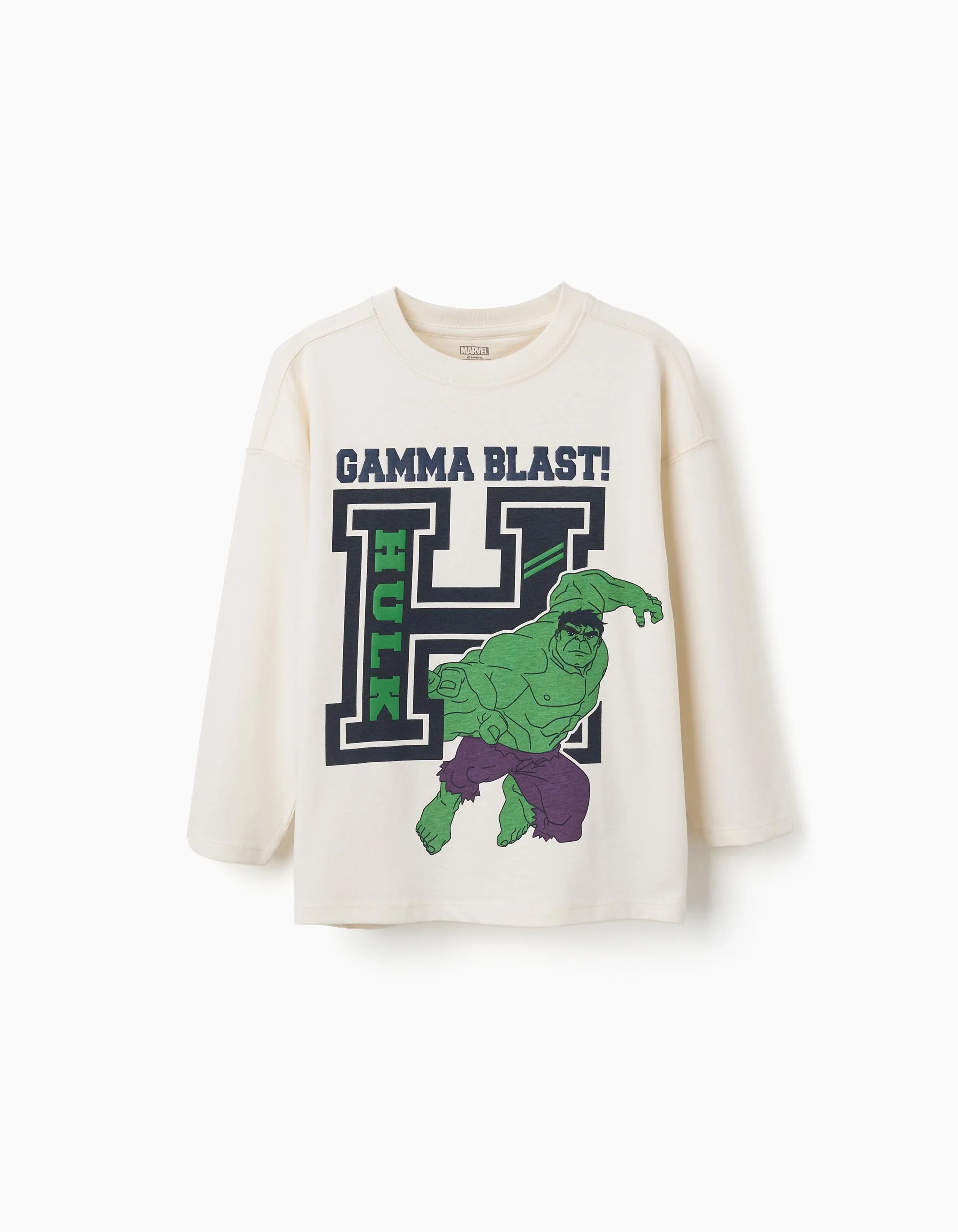 31082388041-0 T-shirt à manches longues en coton blanc pour garçon, avec imprimé Hulk en relief. – Image 1
