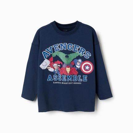 T-shirt à manches longues en coton bleu marine avec imprimé Avengers pour garçon