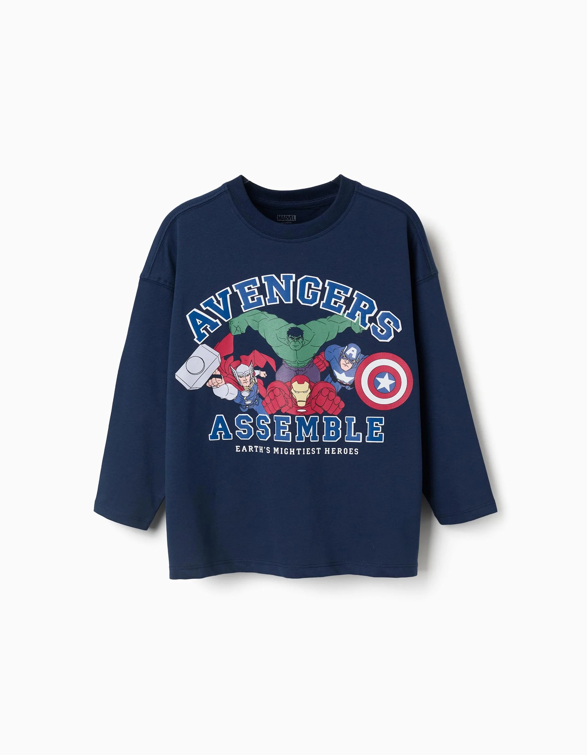31082389006-0 T-shirt à manches longues en coton bleu marine avec imprimé Avengers pour garçon – Image 1