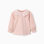 T-shirt à manches longues avec col en broderie anglaise pour bébé fille, rose