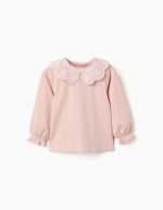 T-shirt à manches longues avec col en broderie anglaise pour bébé fille, rose