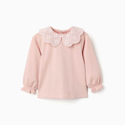 T-shirt à manches longues avec col en broderie anglaise pour bébé fille, rose