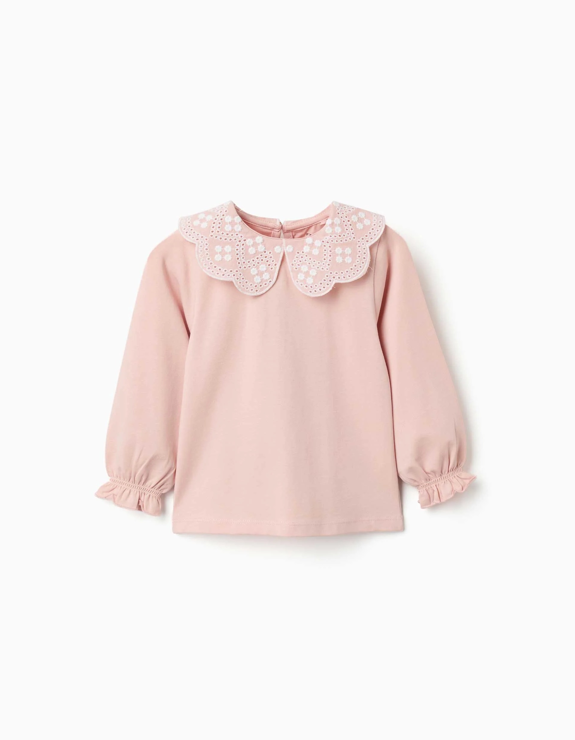 31082400030-0 T-shirt à manches longues avec col en broderie anglaise pour bébé fille, rose – Image 1