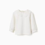 T-shirt à manches longues avec col en broderie anglaise pour bébé fille, blanc
