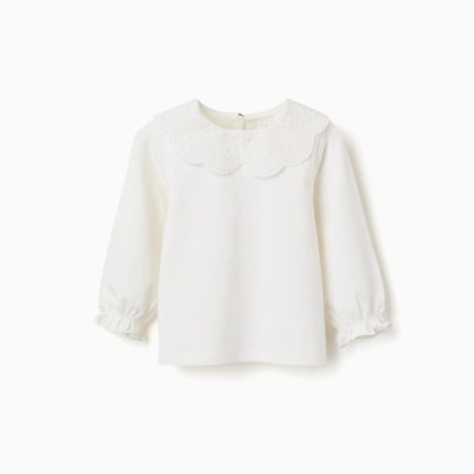 T-shirt à manches longues avec col en broderie anglaise pour bébé fille, blanc