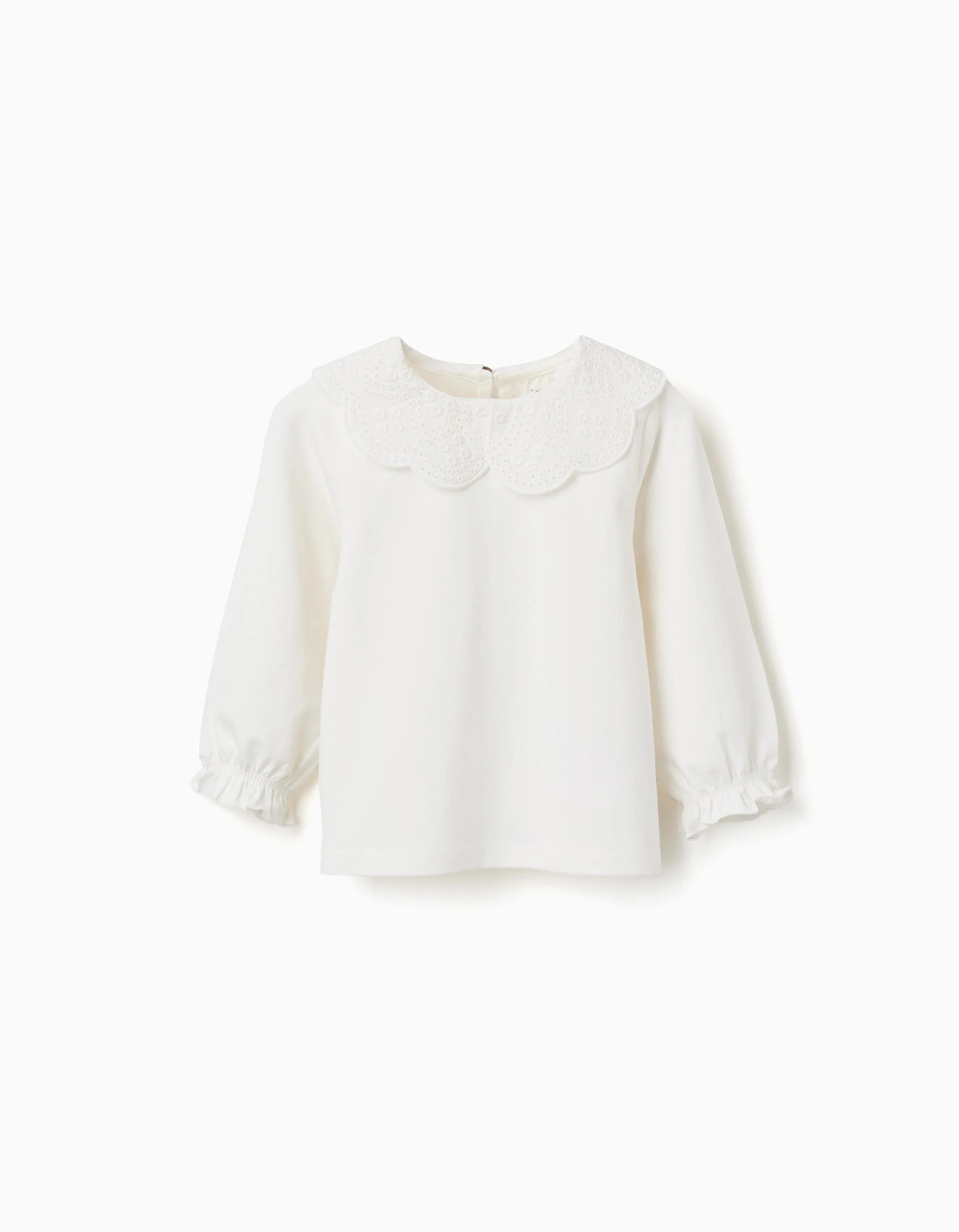 31082400041-0 T-shirt à manches longues avec col en broderie anglaise pour bébé fille, blanc – Image 1