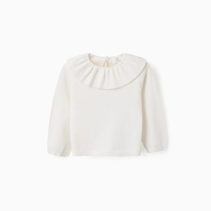 Pull en maille à col volanté pour bébé fille, blanc