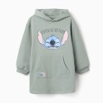 Robe à capuche brossée avec imprimé Stitch pour filles, vert clair