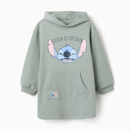 Robe à capuche brossée avec imprimé Stitch pour filles, vert clair