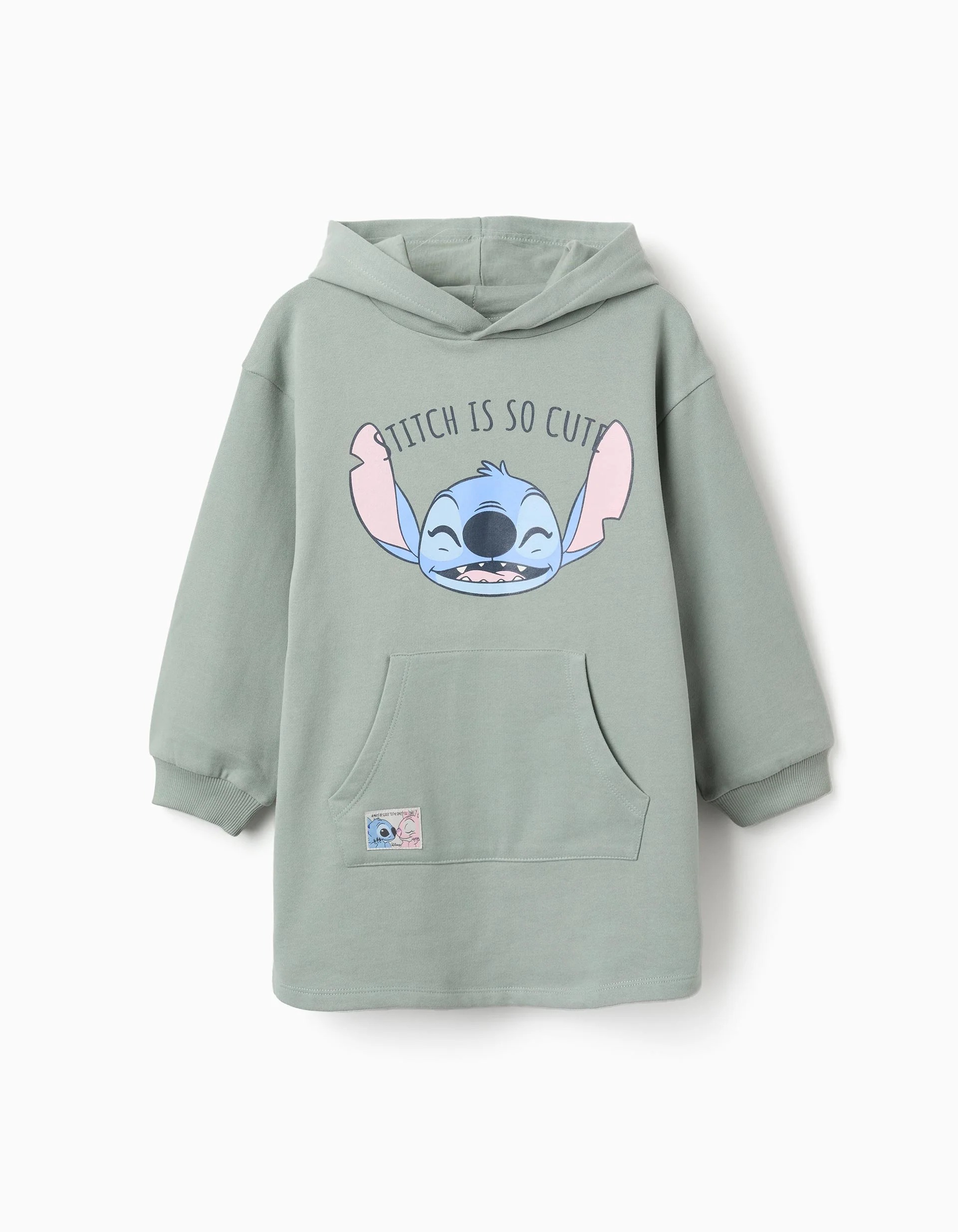 31082481019-0 Robe à capuche brossée avec imprimé Stitch pour filles, vert clair – Image 1